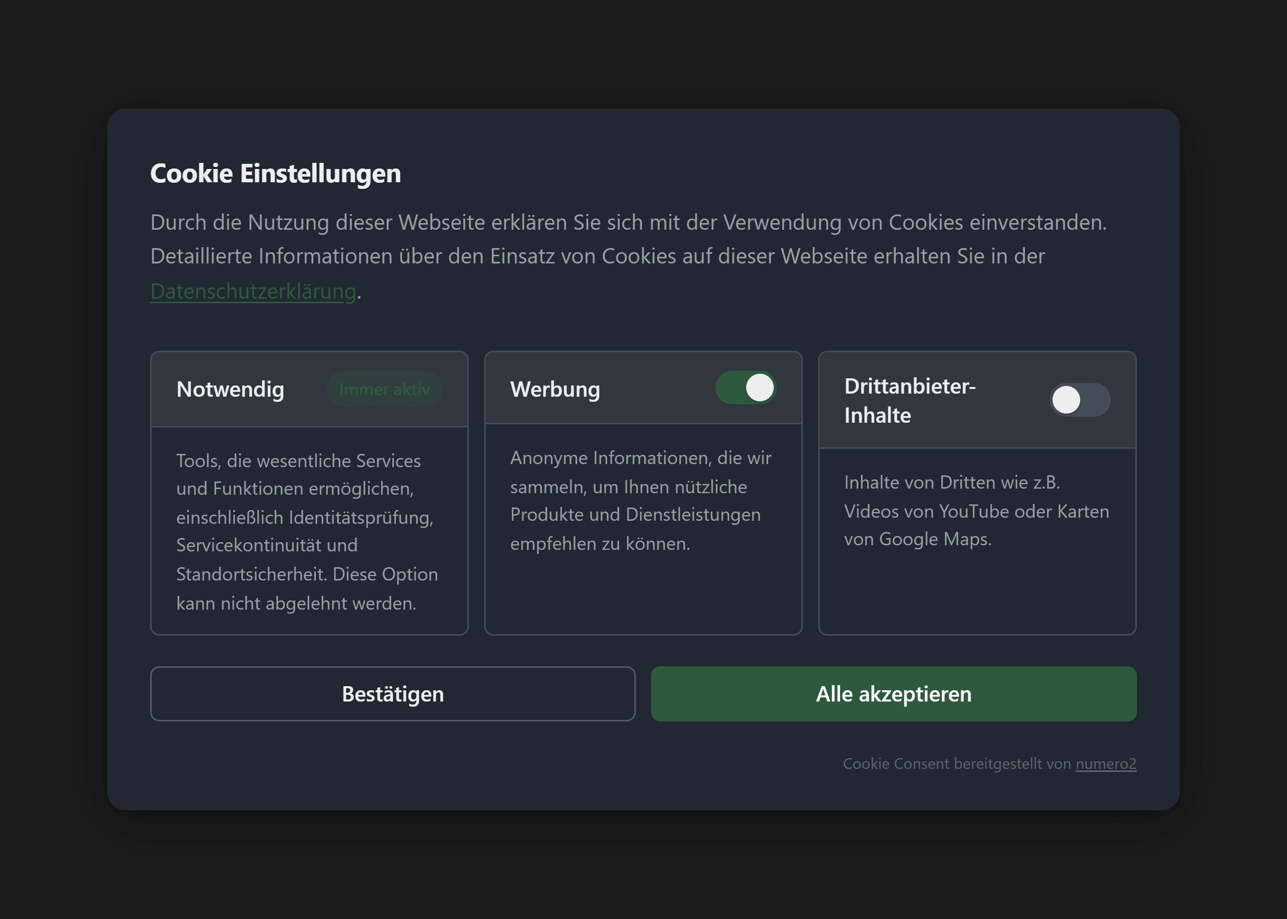 Cookie Consent Dialog – Dark Mode